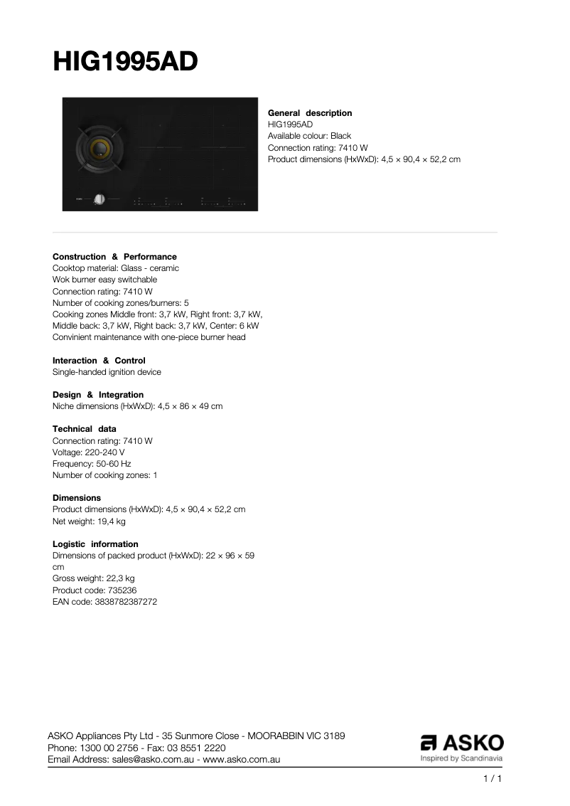 Page n°1 - Fiche technique Asko HIG1995AD