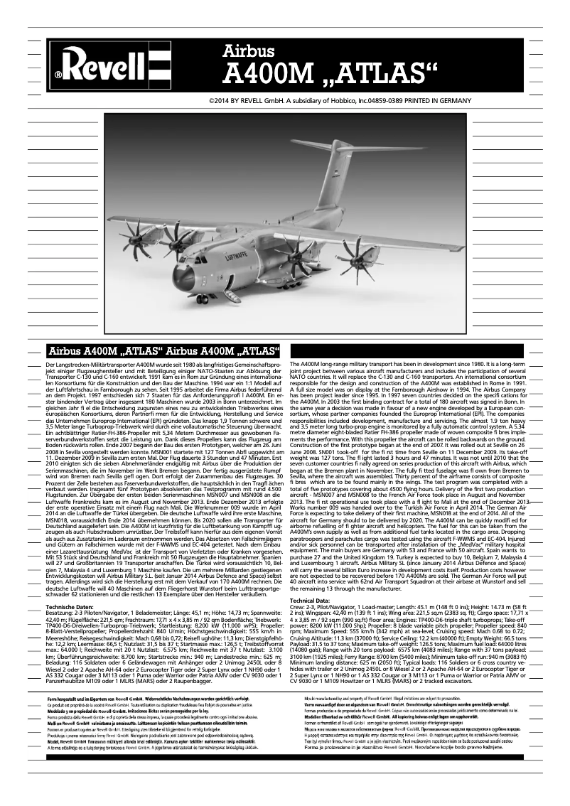 Page n°1 - Manuel utilisateur Revell Airbus A400M ATLAS