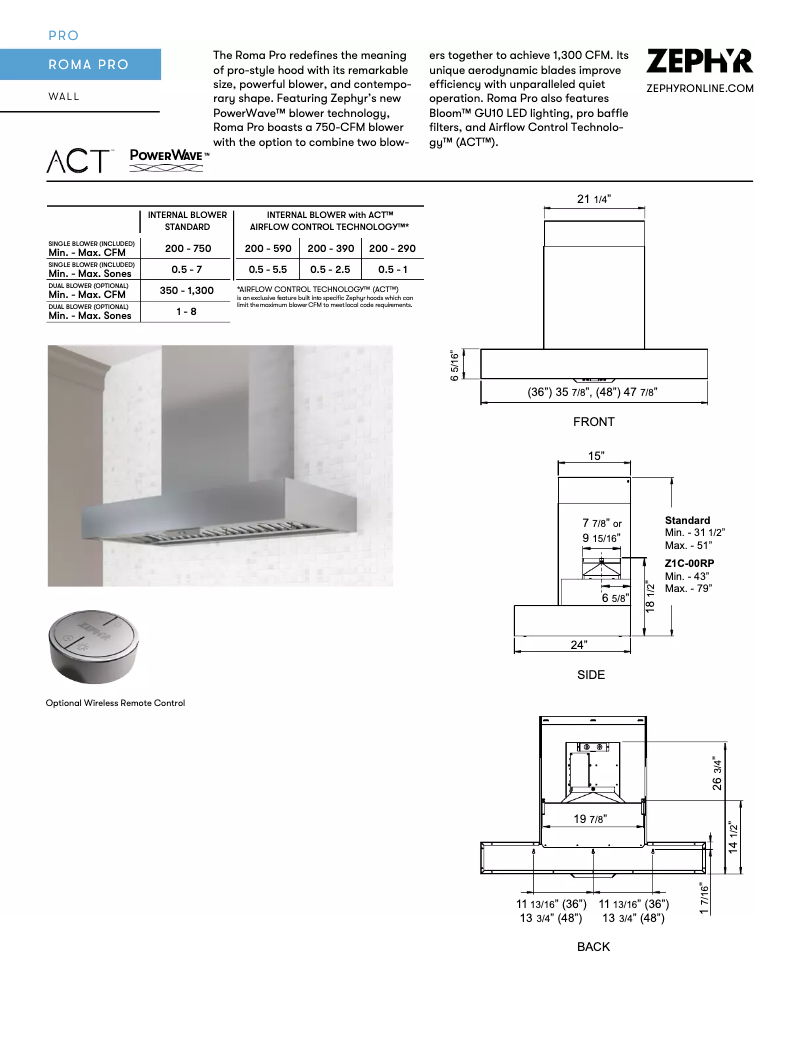 Page 1 de la notice Fiche technique Zephyr ZRPE48AS