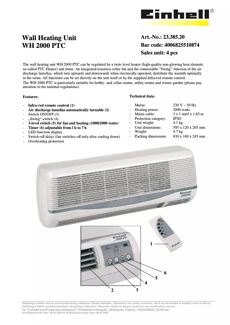 Page n°1 - Fiche technique Einhell WH 2000 PTC