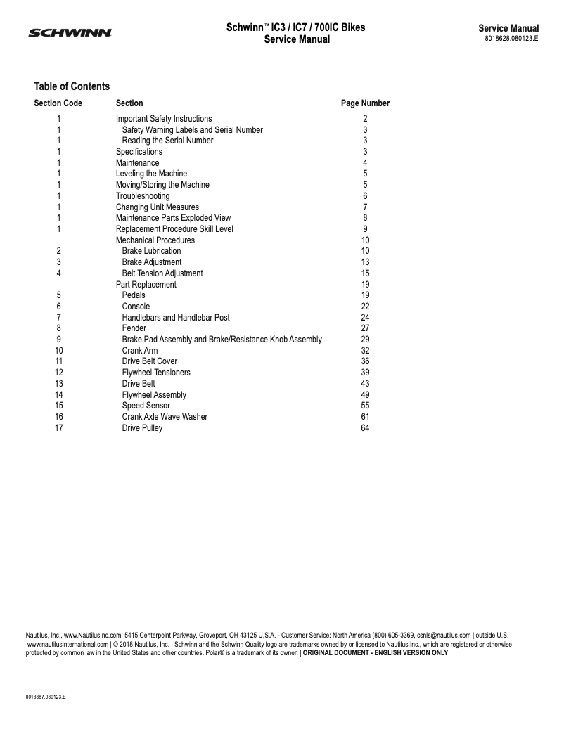 Page 1 de la notice Manuel utilisateur Schwinn 700IC