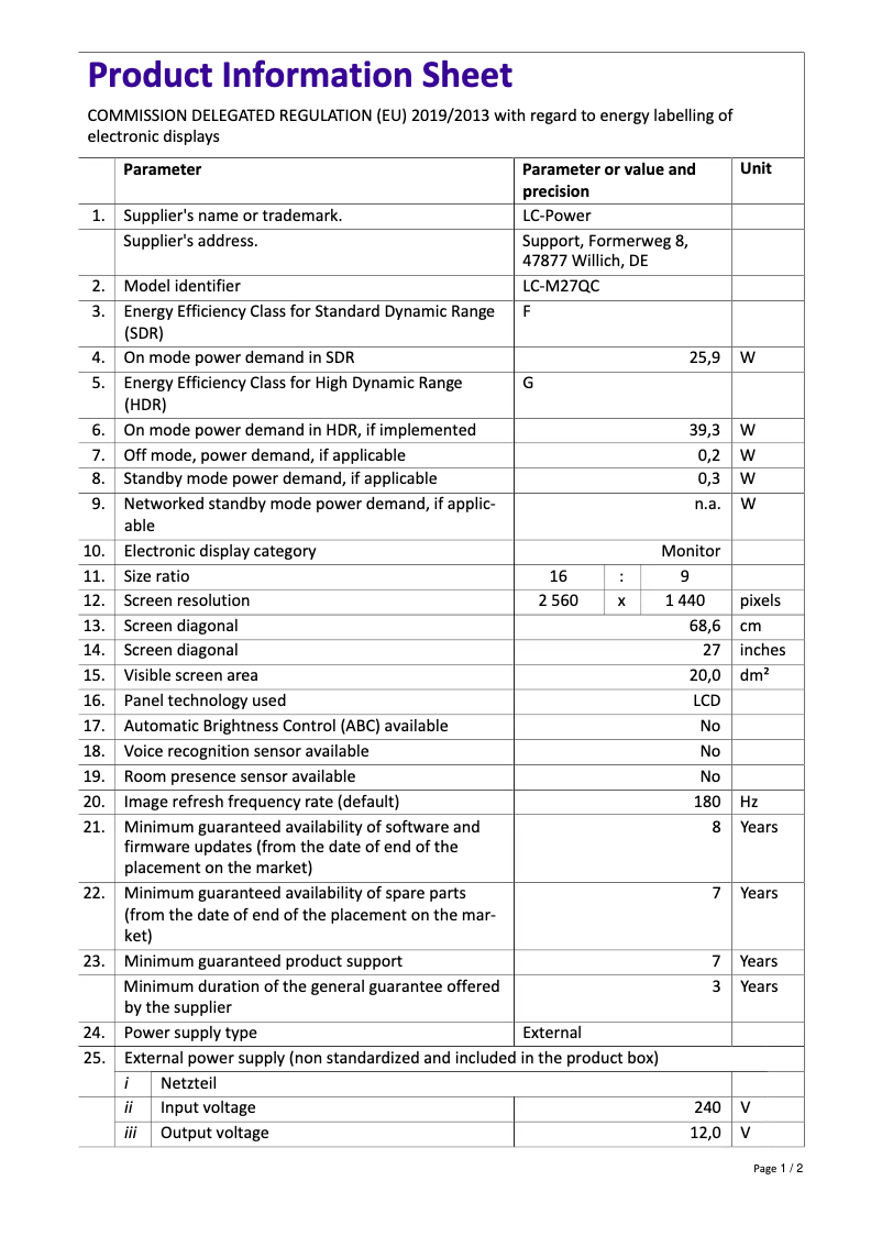 Page 1 de la notice Fiche technique LC-Power LC-M27QC