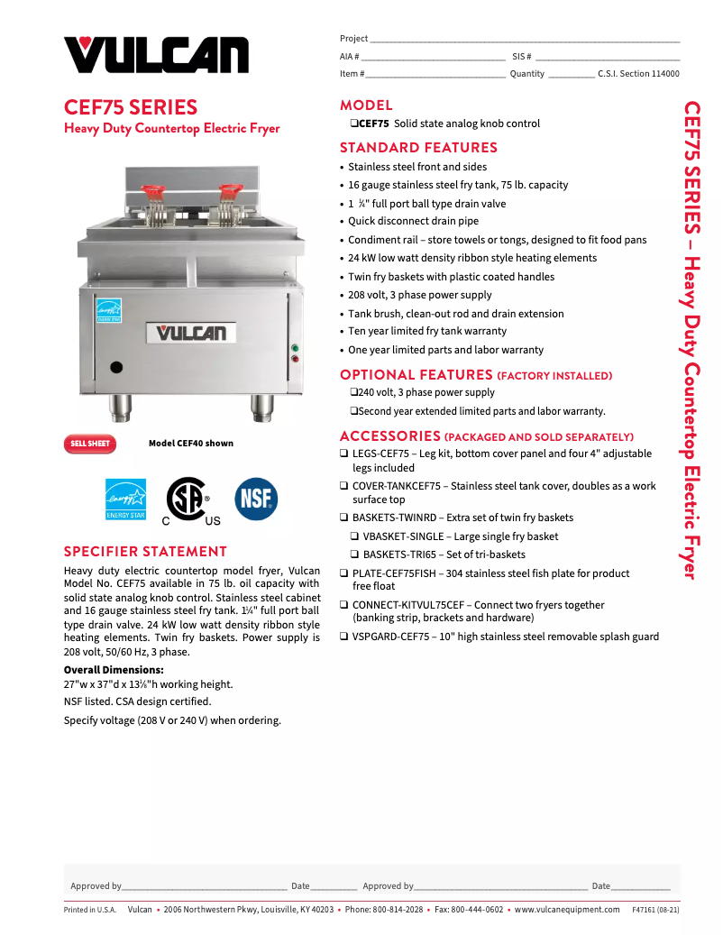 Page 1 de la notice Fiche technique Vulcan CEF75