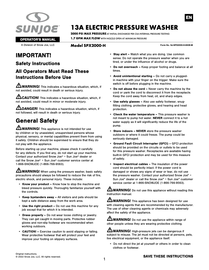 Page n°1 - Manuel utilisateur Sun Joe SPX2000-H