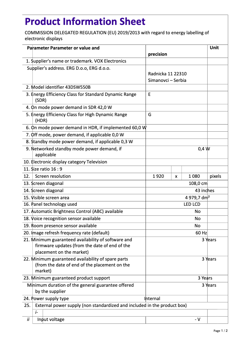 Page 1 de la notice Manuel utilisateur VOX 43DSW550B