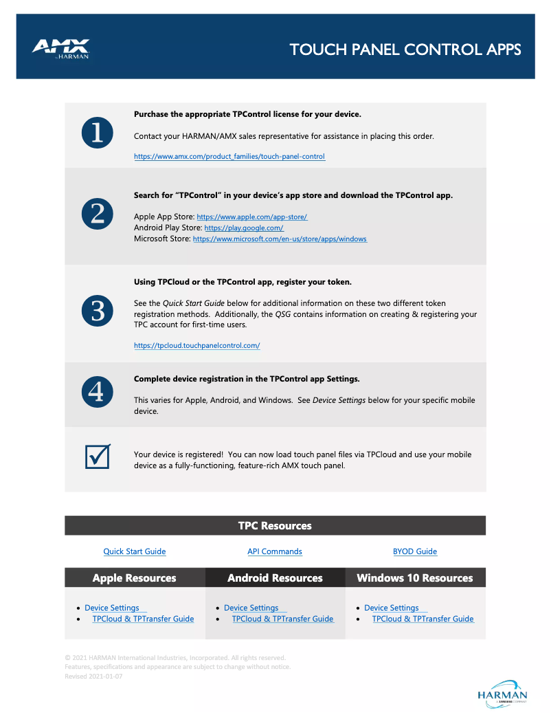 Page 1 de la notice Manuel utilisateur AMX TPC-ANDROID