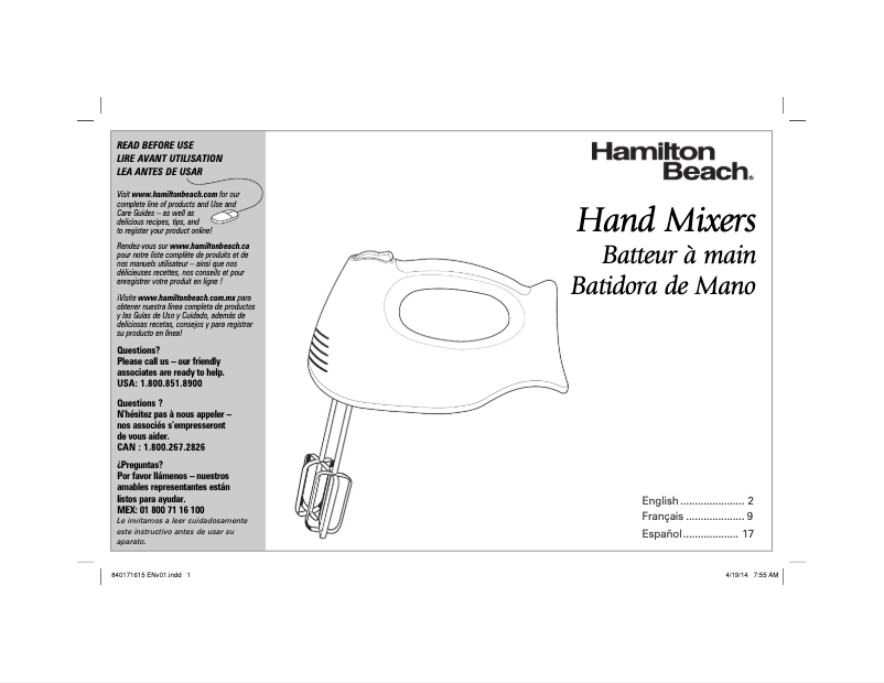 Page 1 de la notice Manuel utilisateur Hamilton Beach Classic 62650