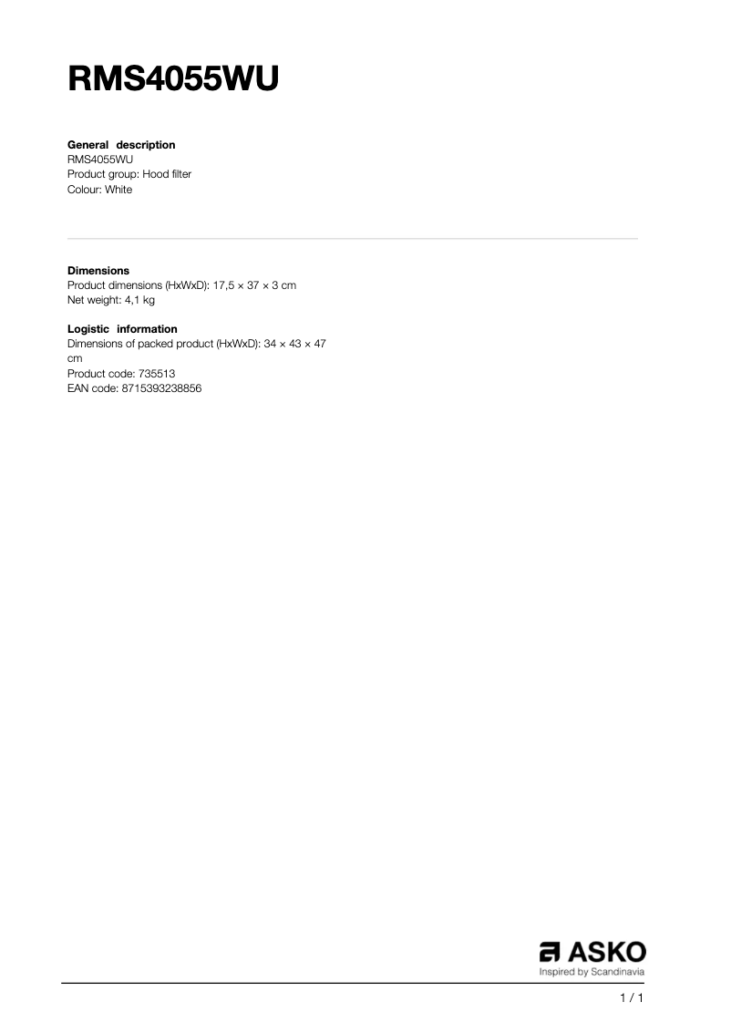 Page n°1 - Manuel utilisateur Asko RMS4055WU