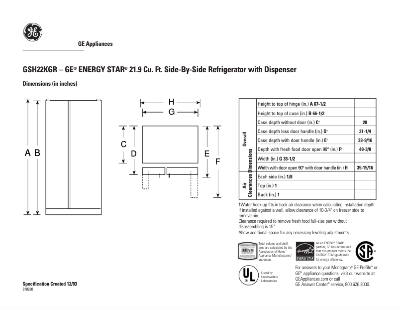 Page n°1 - Fiche technique GE GSH22KGRBB