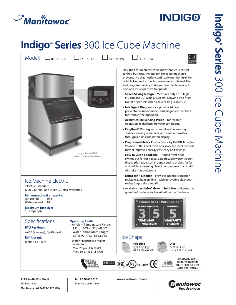 Page 1 de la notice Fiche technique Manitowoc IY-0304A
