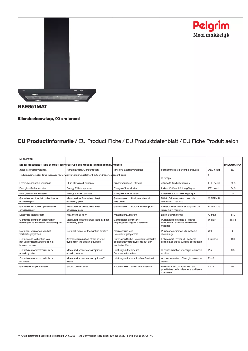 Page 1 de la notice Fiche technique Pelgrim BKE951MAT