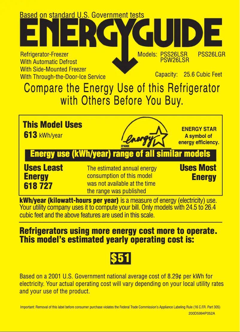 Page 1 de la notice Label énergétique GE Profile PSS26LGRWW
