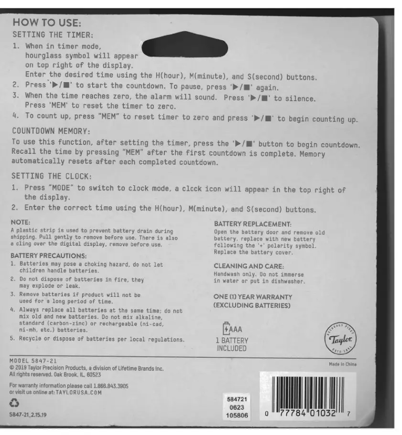 Page 1 de la notice Manuel utilisateur Taylor 584721