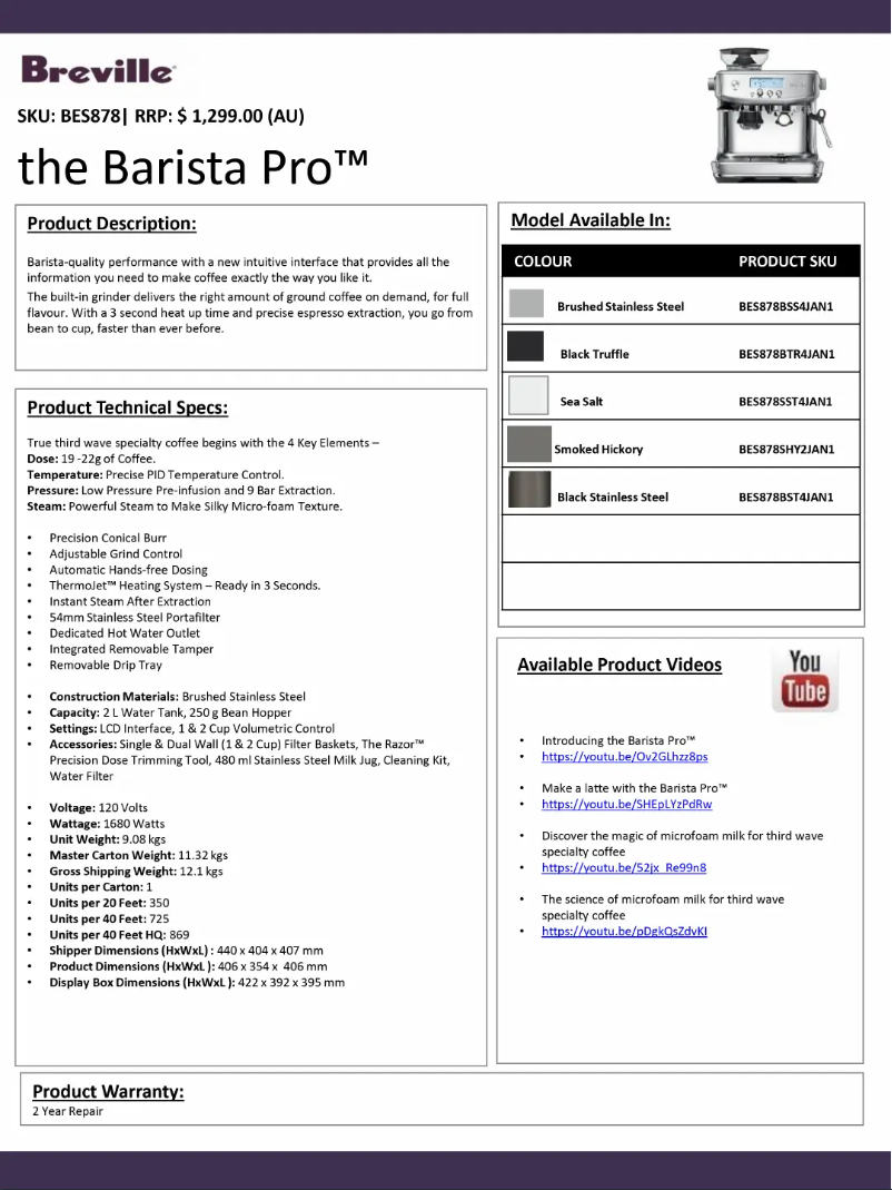 Page 1 de la notice Fiche technique Breville the Barista Pro BES878