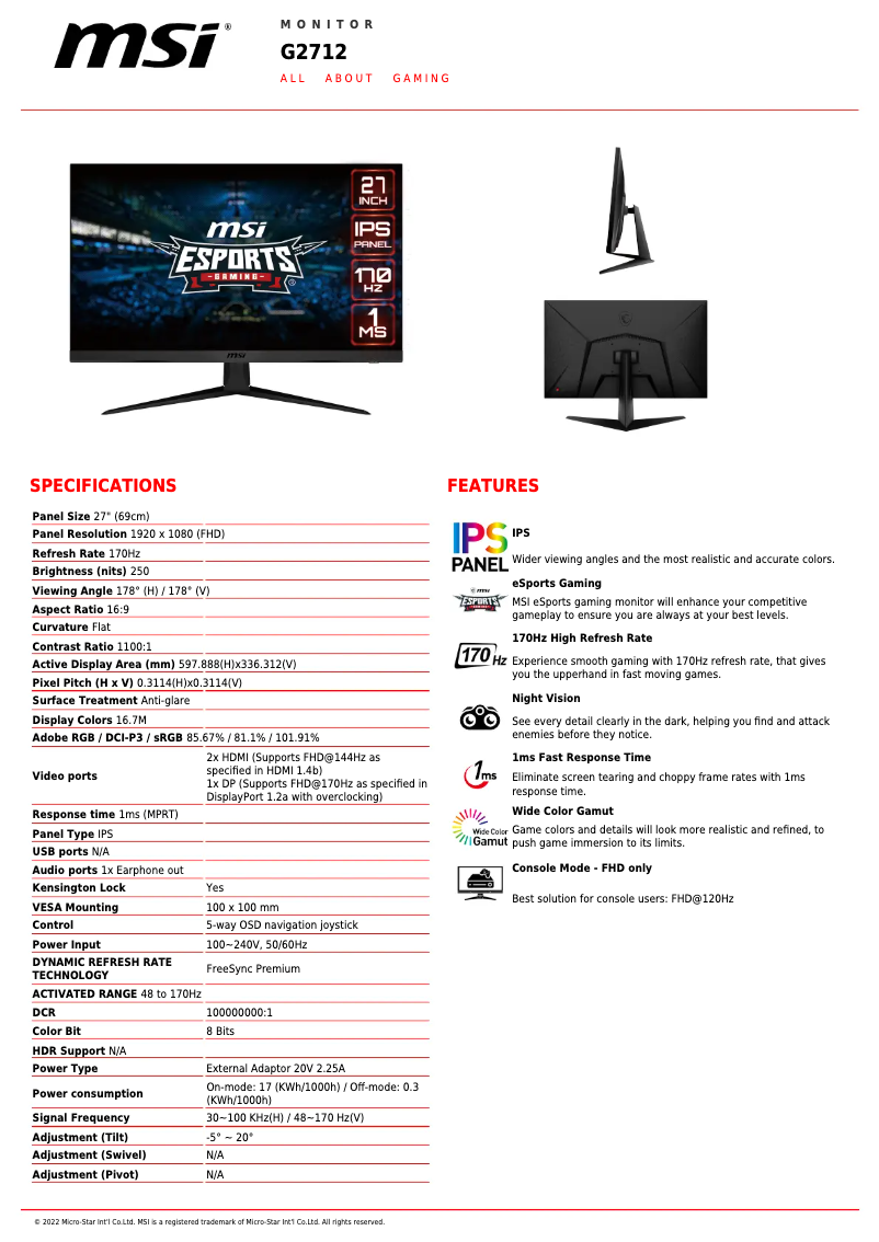 Página 1 del manual Ficha técnica MSI Optix G2712