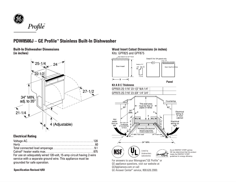 Imagen de la primera página del manual del dispositivo Profile PDW8500JWW