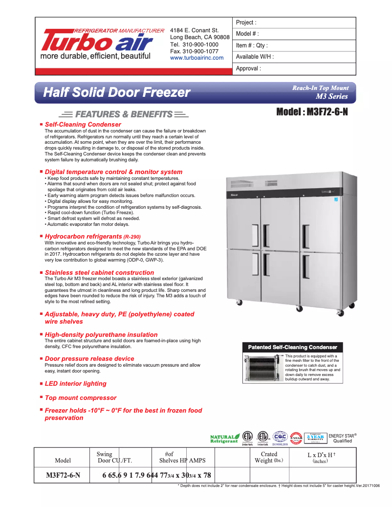 Página 1 del manual Ficha técnica Turbo air M3F72-6
