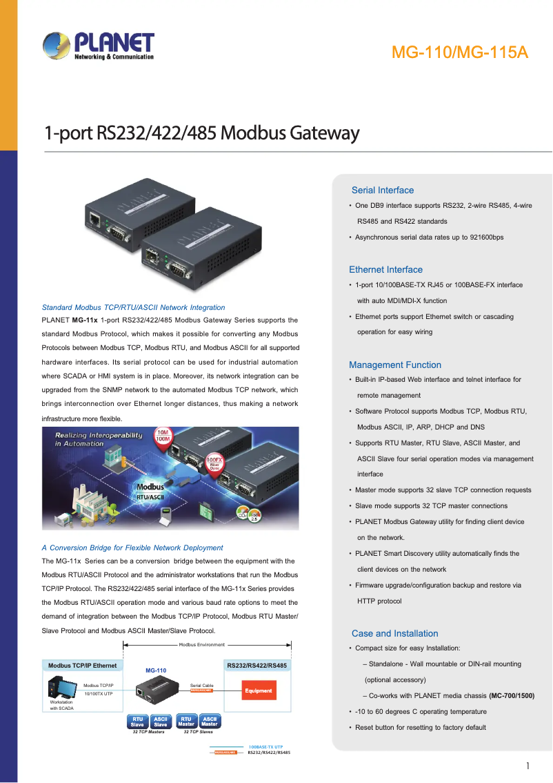 Page n°1 - Fiche technique Planet MG-110