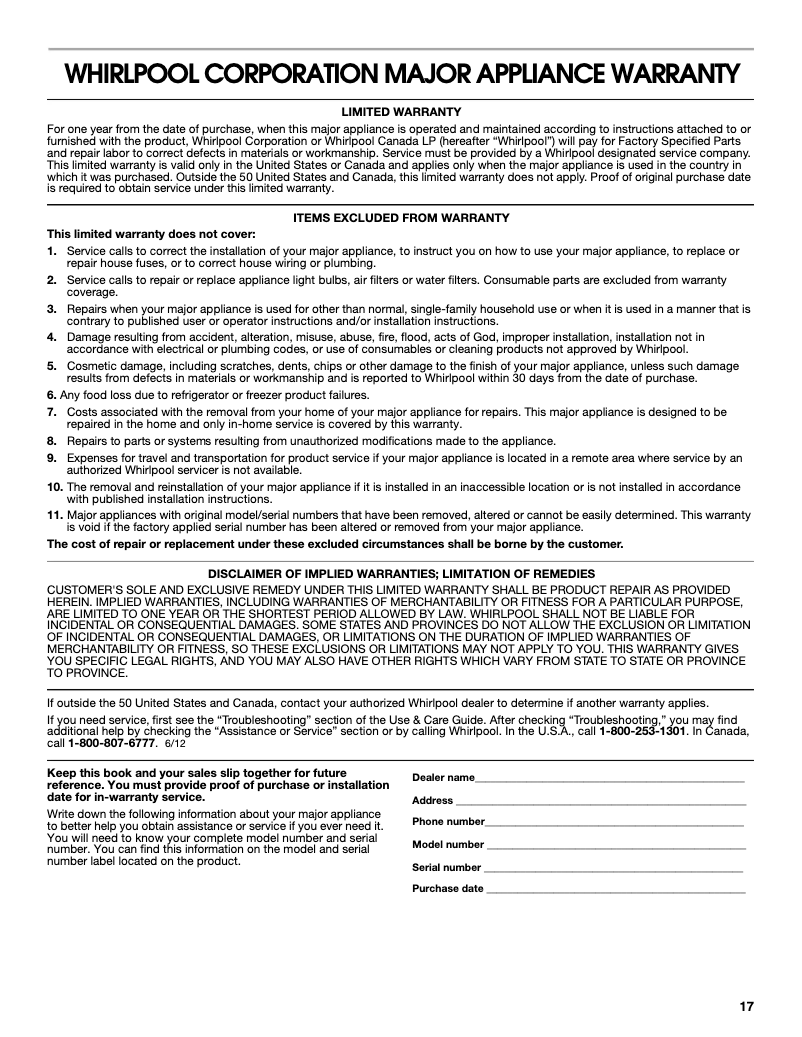 Page 1 de la notice Informations de garantie KitchenAid UXD8636DYS