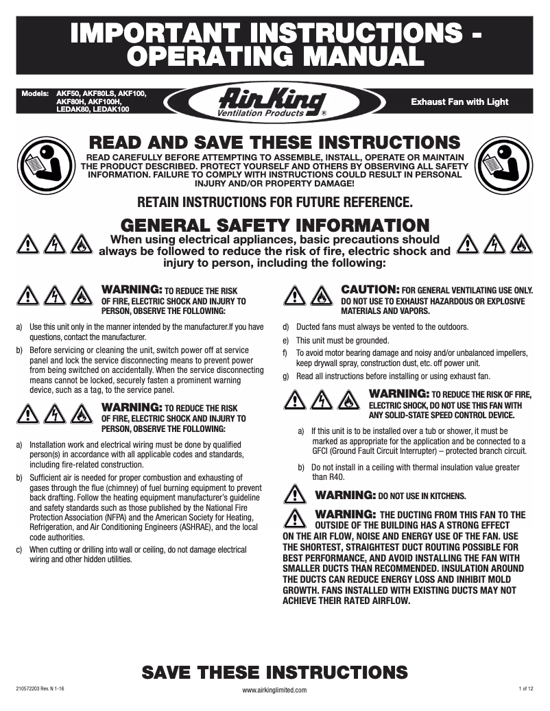 Page n°1 - Manuel utilisateur Air King AKF80LS