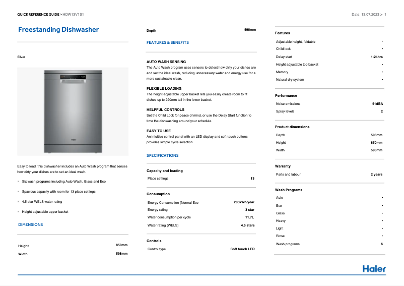 Page n°1 - Label énergétique Haier HDW13V1S1