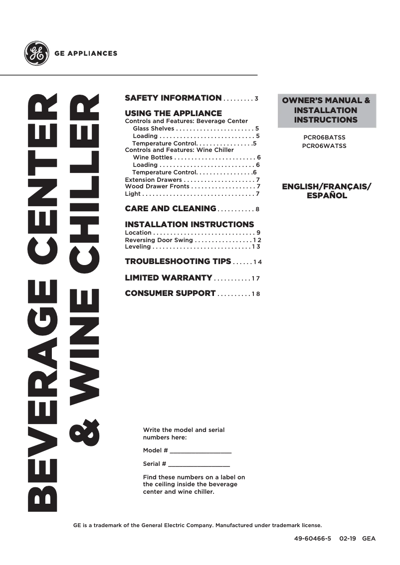 Page 1 de la notice Manuel d'utilisation et d'entretien GE Profile PCR06WATSS