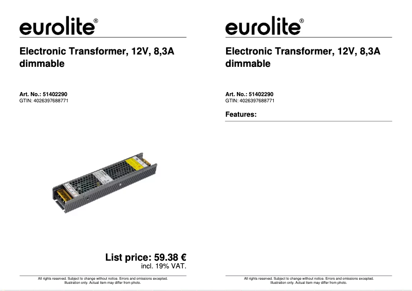 Page n°1 - Manuel utilisateur Eurolite Electronic Transformer