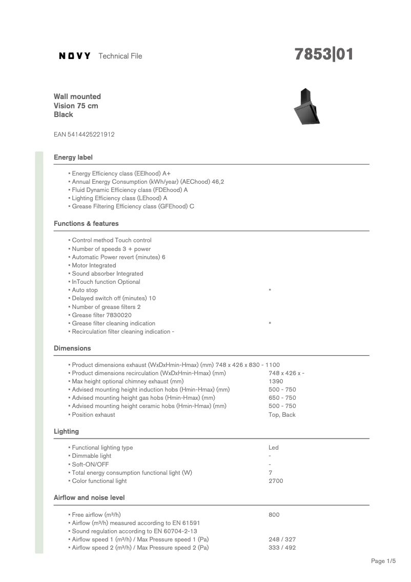 Page 1 de la notice Fiche technique Novy Vision 7853