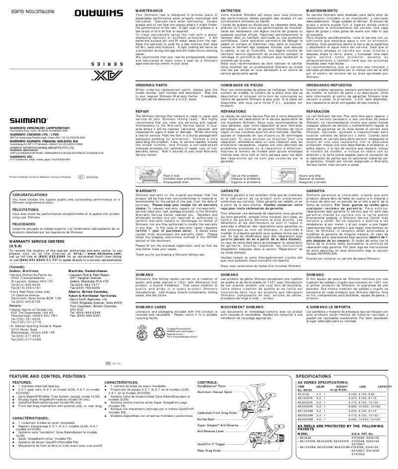 Página 1 del manual Manual de usuario Shimano AX 4000RA