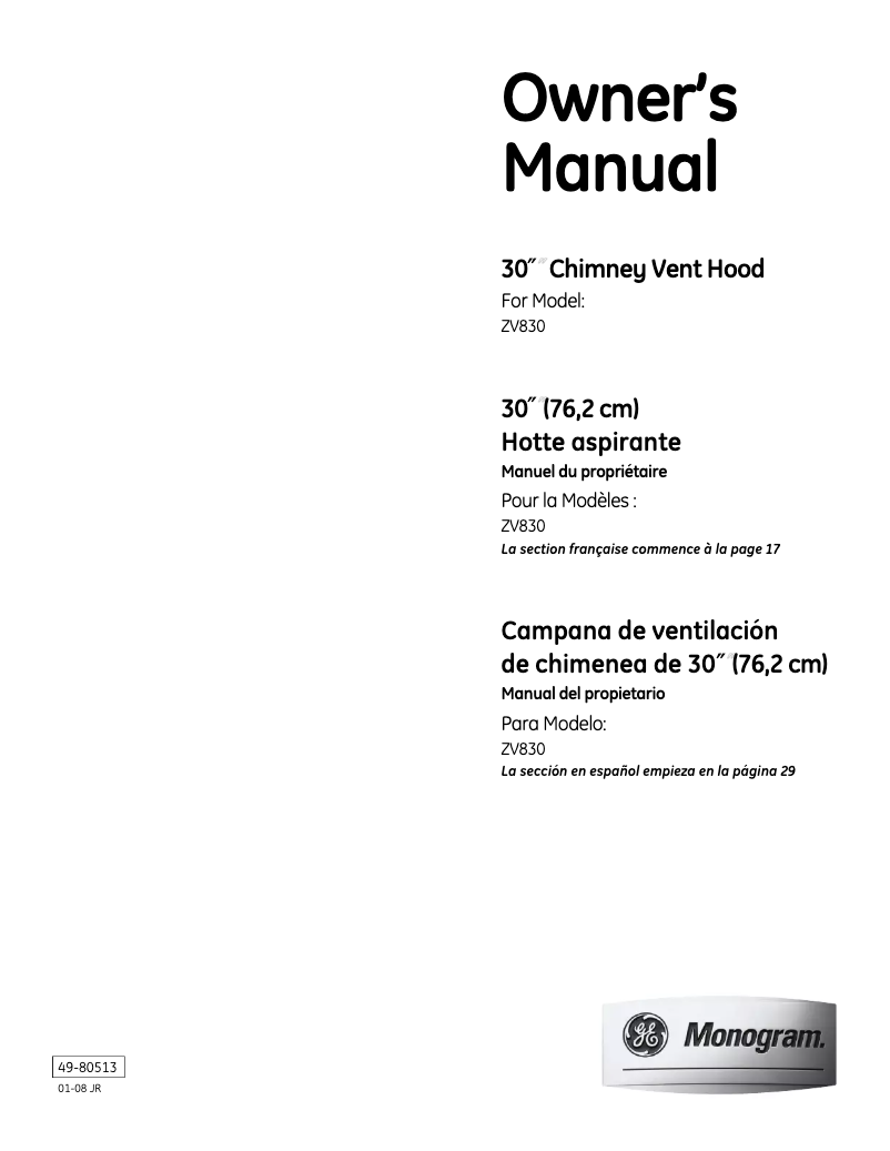 Page 1 de la notice Manuel utilisateur Monogram ZV830SMSS