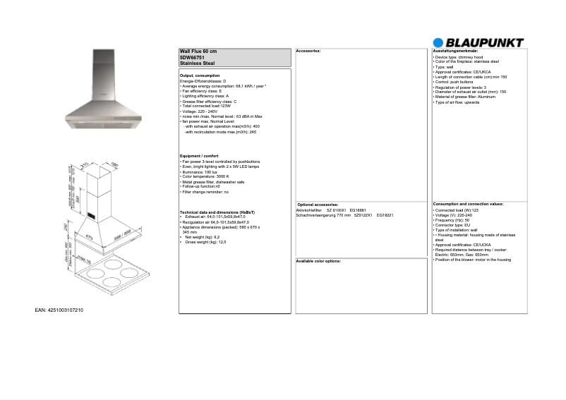 Page 1 de la notice Fiche technique Blaupunkt 5DW66751