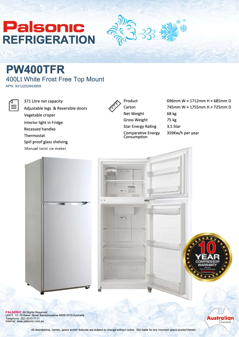 Page 1 de la notice Fiche technique Palsonic PW400TFR