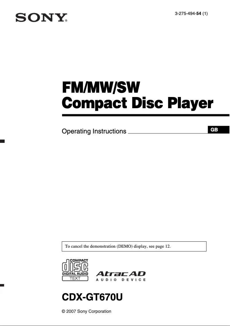 Imagen de la primera página del manual del dispositivo CDX-GT670U