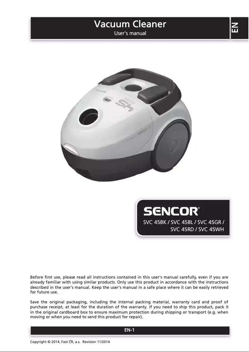 Page n°1 - Manuel utilisateur Sencor SVC 45BK