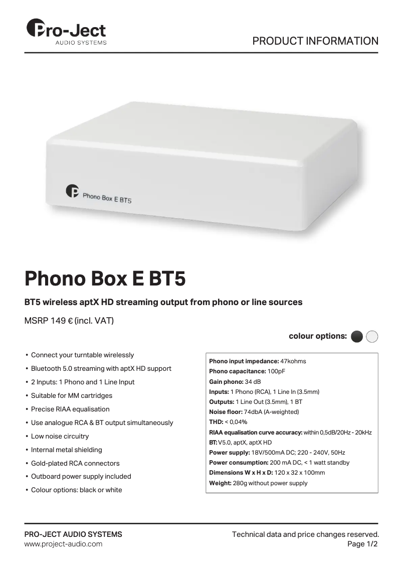 Page 1 de la notice Fiche technique Pro-Ject Phono Box E BT5