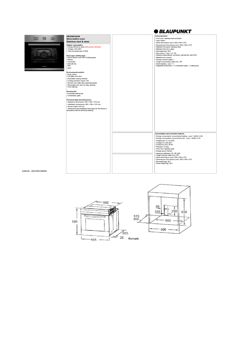 Page n°1 - Fiche technique Blaupunkt 5B20N0290IN