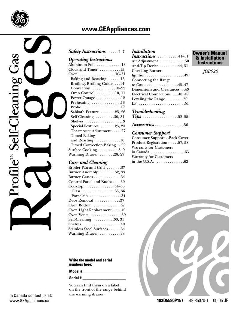 Page n°1 - Manuel d'utilisation et d'entretien GE Profile JGB920KEFCC