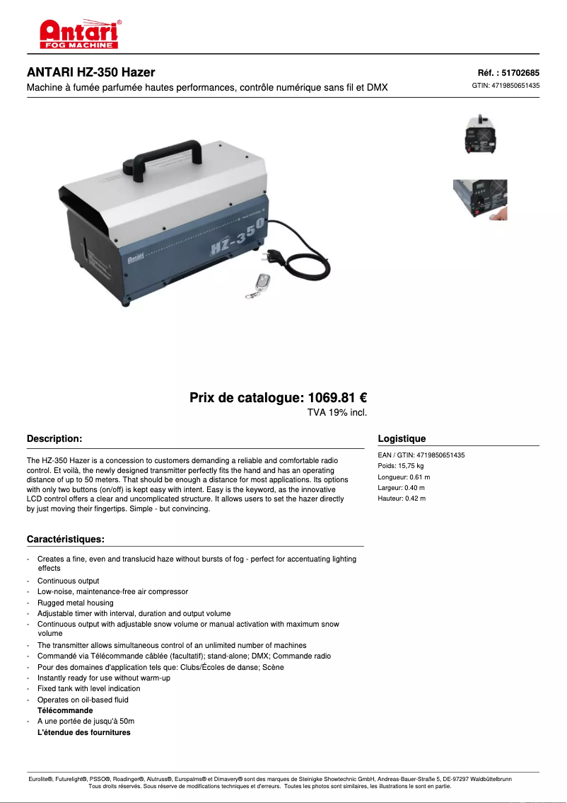 Page 1 de la notice Fiche technique Antari HZ-350