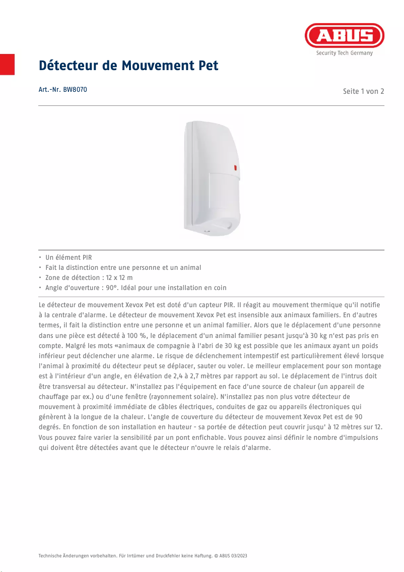 Page 1 de la notice Fiche technique Abus Xevox BW8070