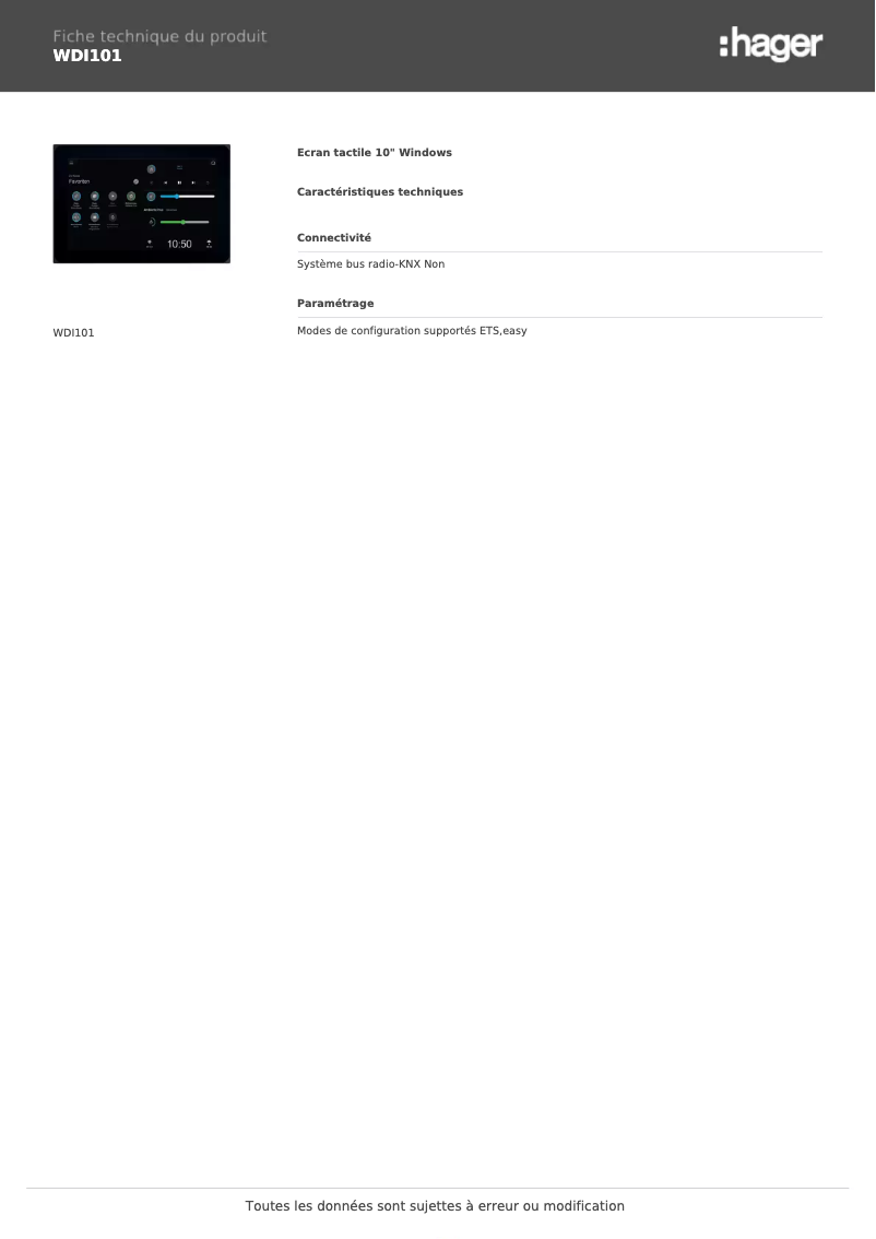 Page n°1 - Fiche technique Hager WDI101