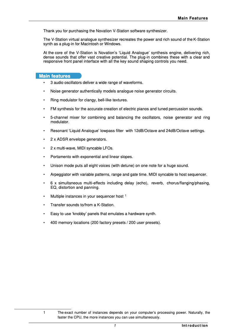 Page 1 de la notice Manuel utilisateur Novation V-Station