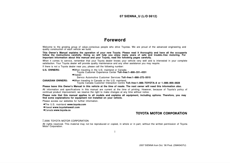 Page 1 de la notice Manuel utilisateur Toyota Sienna (2007)