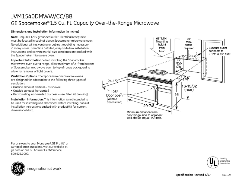 Página 1 del manual Ficha técnica GE Spacemaker JVM1540DMBB