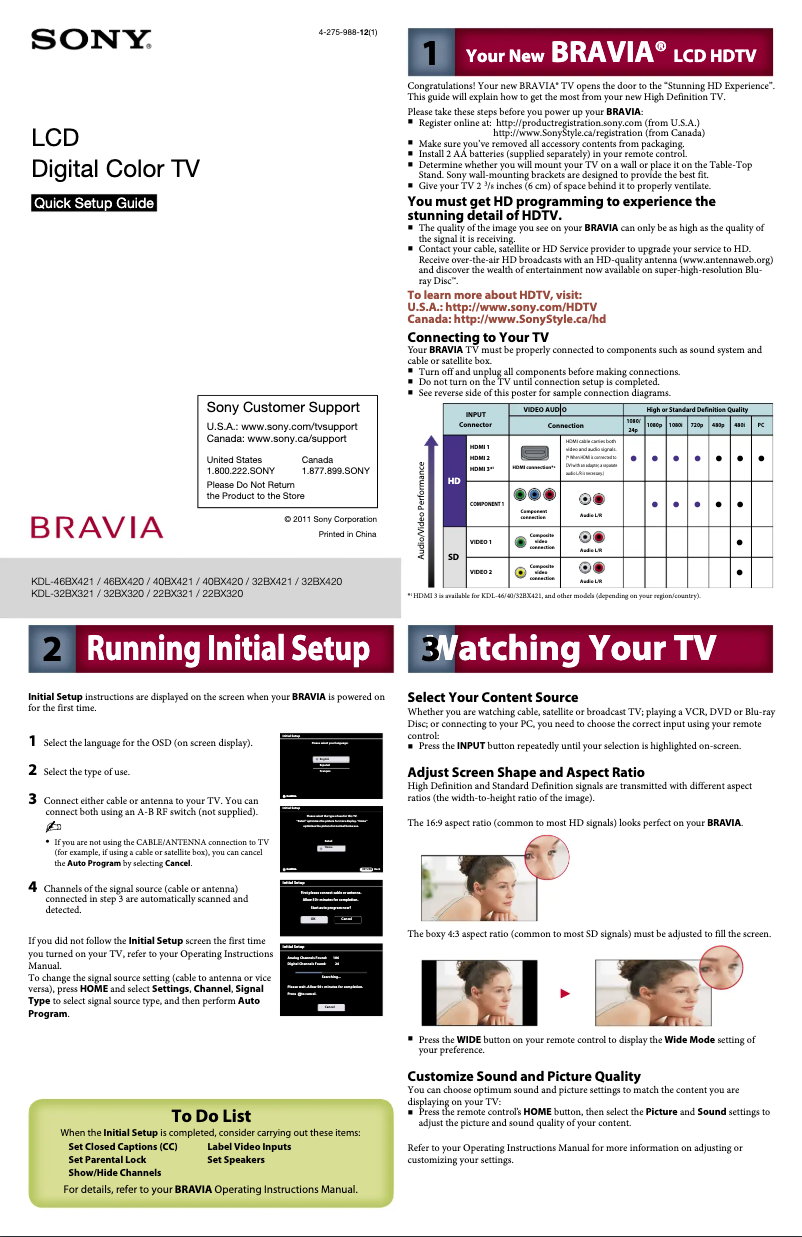 Page 1 de la notice Guide d'installation Sony Bravia KDL-22BX320