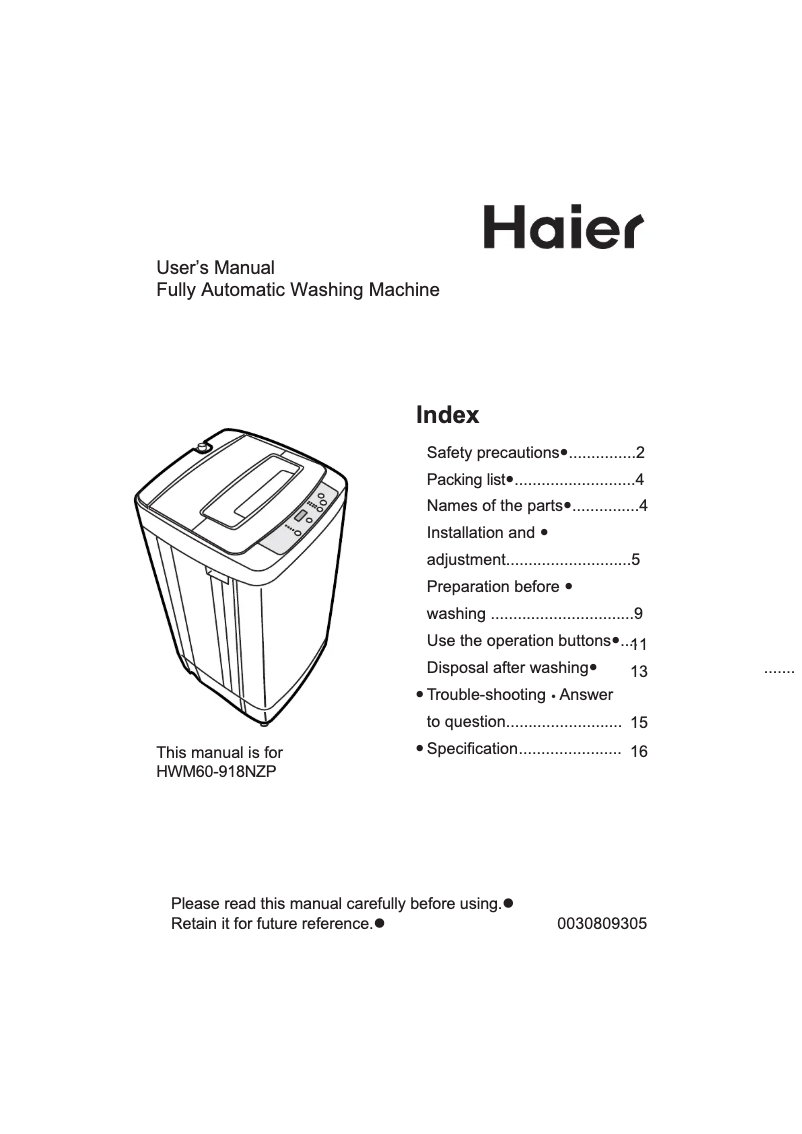 Page n°1 - Manuel utilisateur Haier HWM60-918NZP