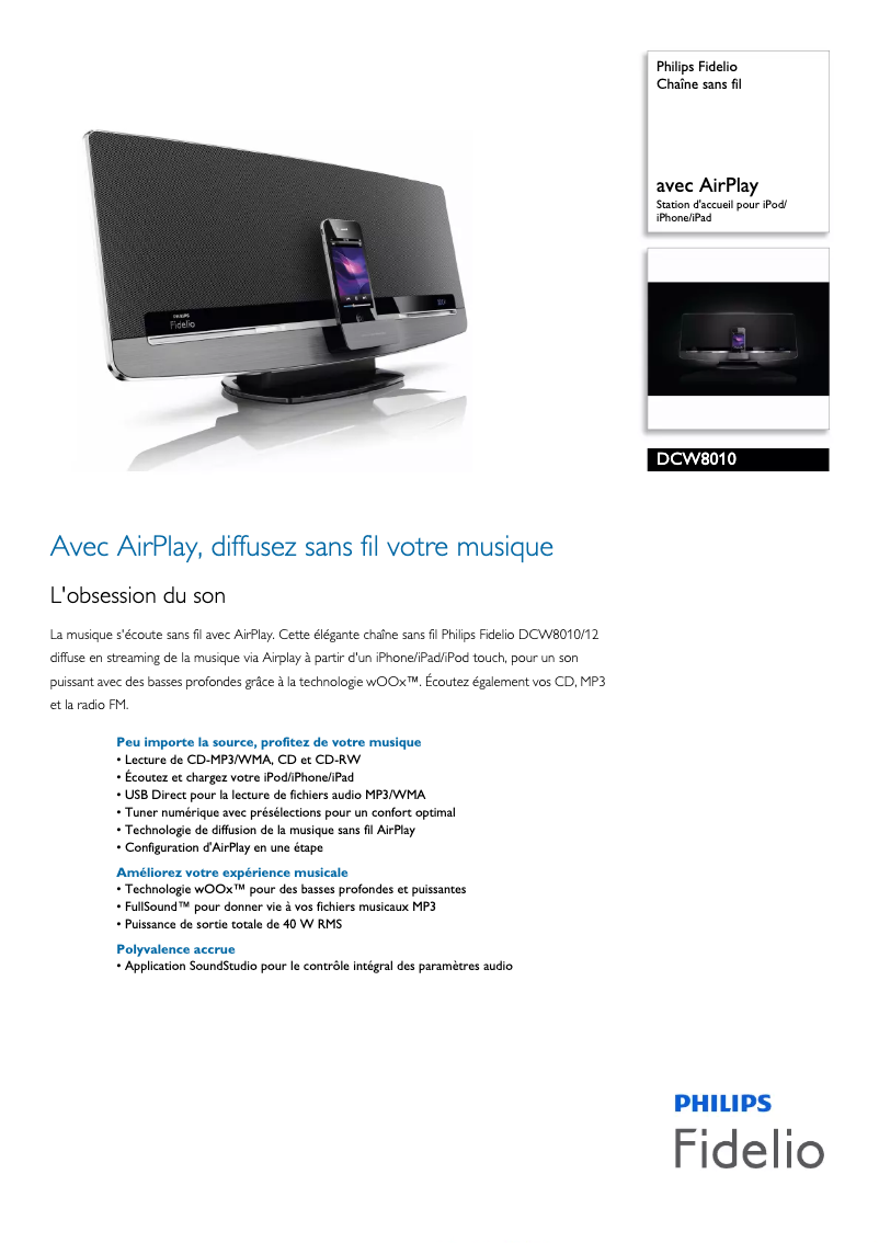Page n°1 - Fiche technique Philips Fidelio DCW8010