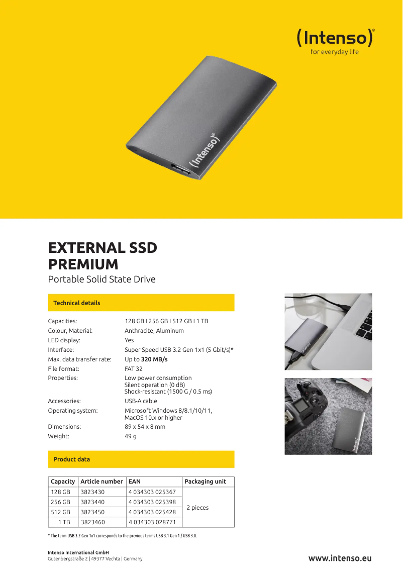 Page 1 de la notice Fiche technique Intenso External SSD Premium