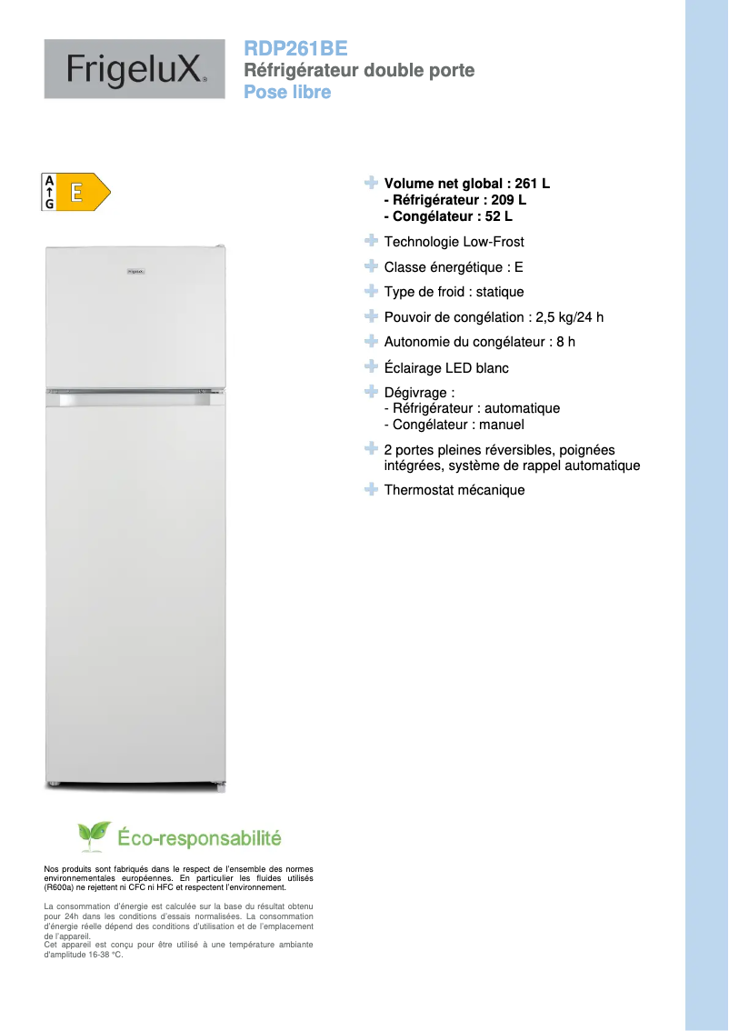 Page n°1 - Fiche technique FrigeluX RDP261BE