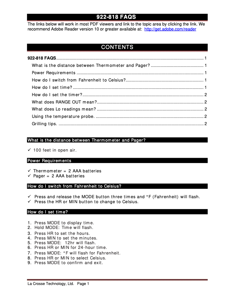Page n°1 - FAQ La Crosse Technology 922-818
