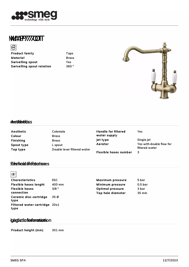 Page n°1 - Fiche technique Smeg MAP77OT